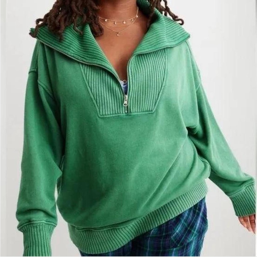 Aerie Green Textured Pullover Quarter Zip Sweatshirt
